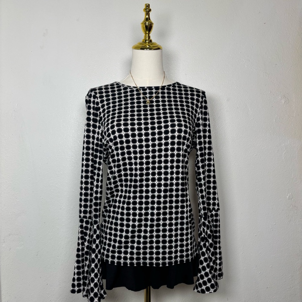 black & white y2k long flare sleeve retro chic blouse coquette‎ timeless elegant